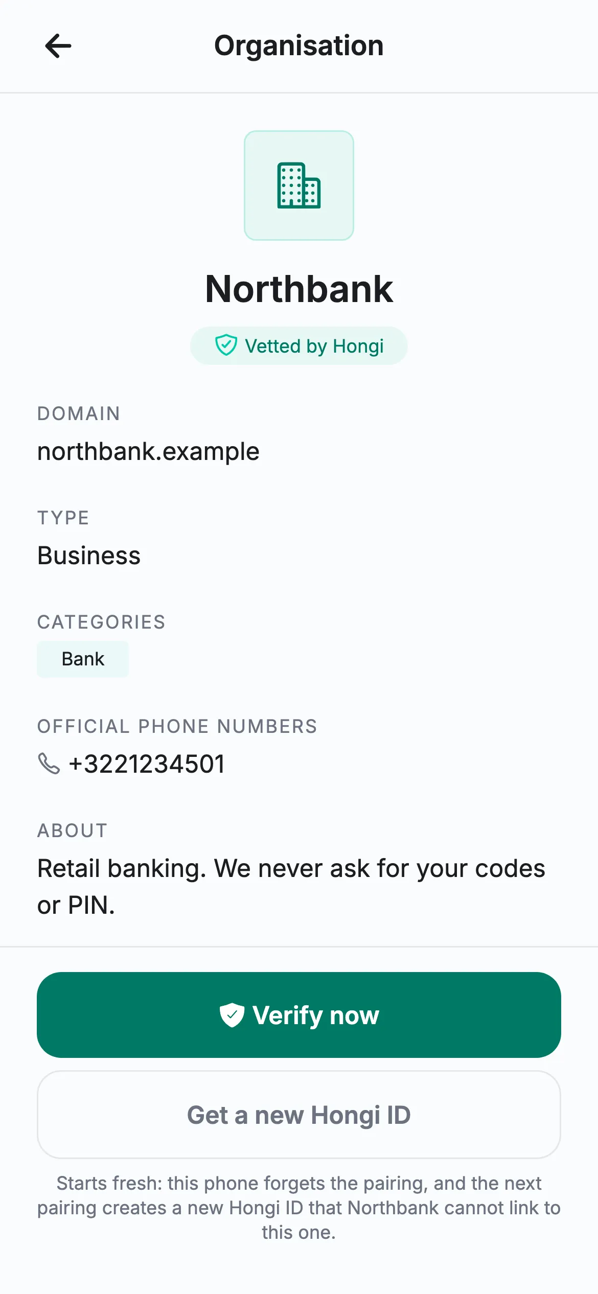 An organisation’s page in the Hongi app: Northbank, vetted by Hongi, domain northbank.example, official phone numbers.