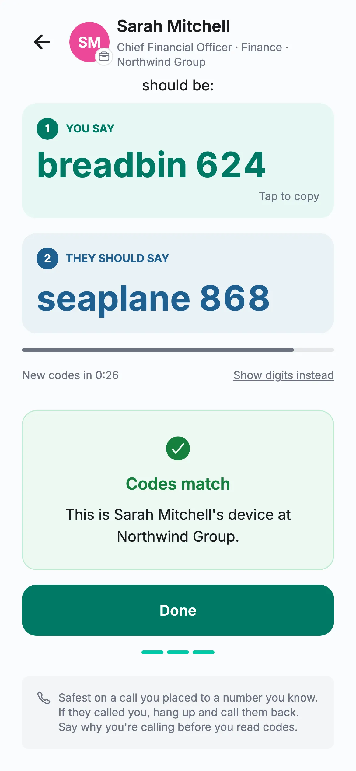 Codes match: this is Sarah Mitchell’s device at Northwind Group.