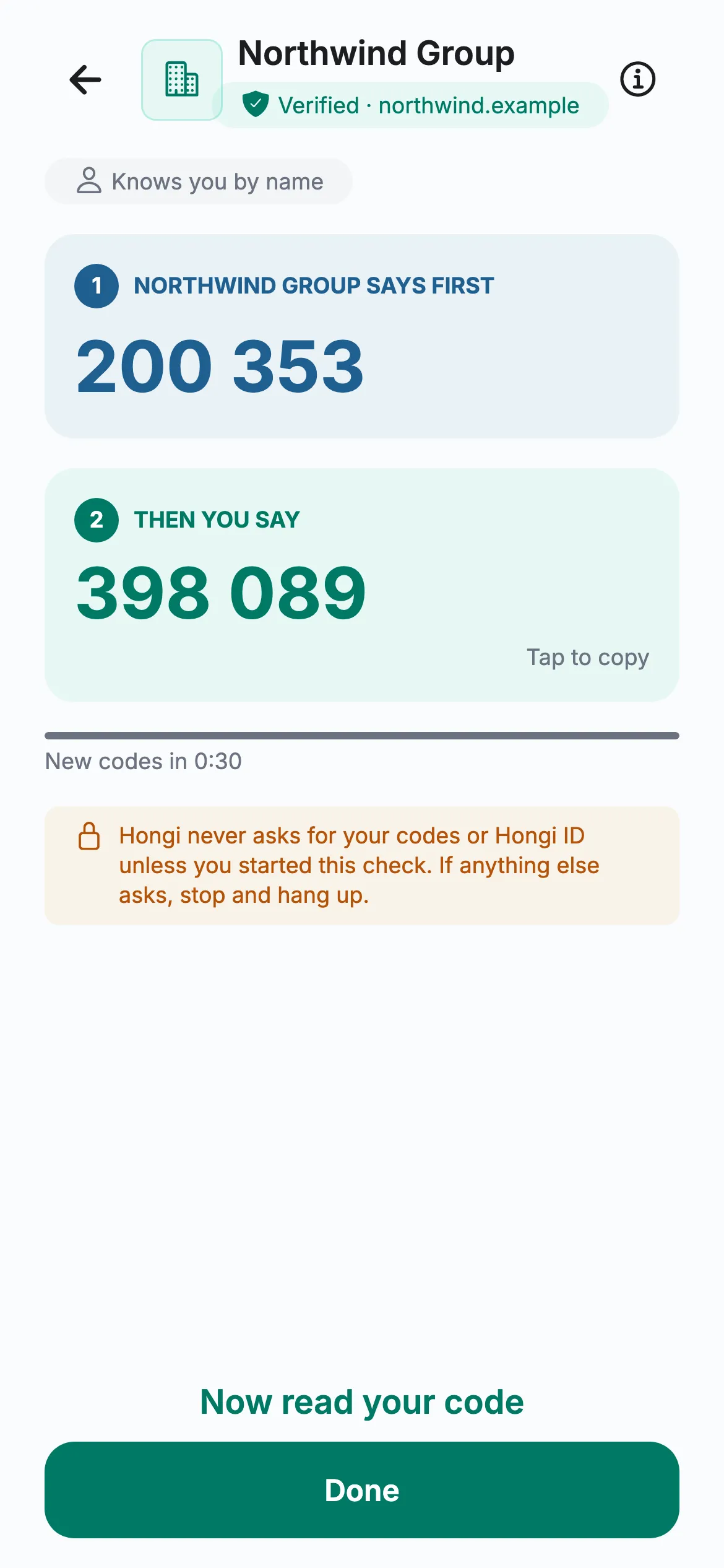 A customer’s phone during a check: Northwind Group says first 200 353, then you say 398 089.