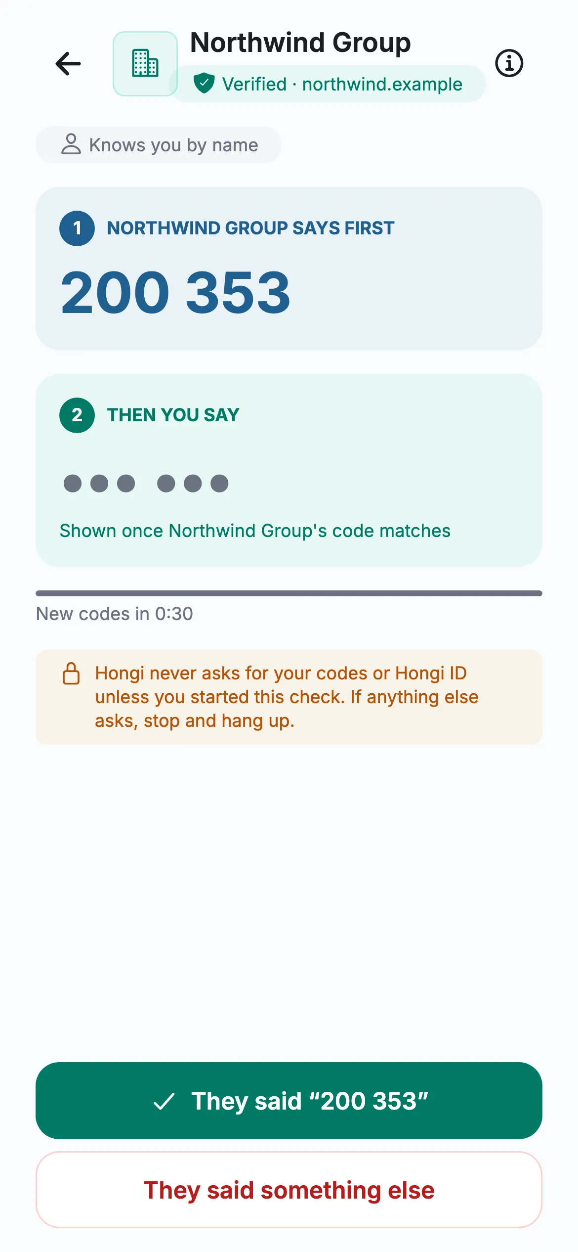 The customer’s phone: Northwind Group says first 200 353; their own code appears once it matches.
