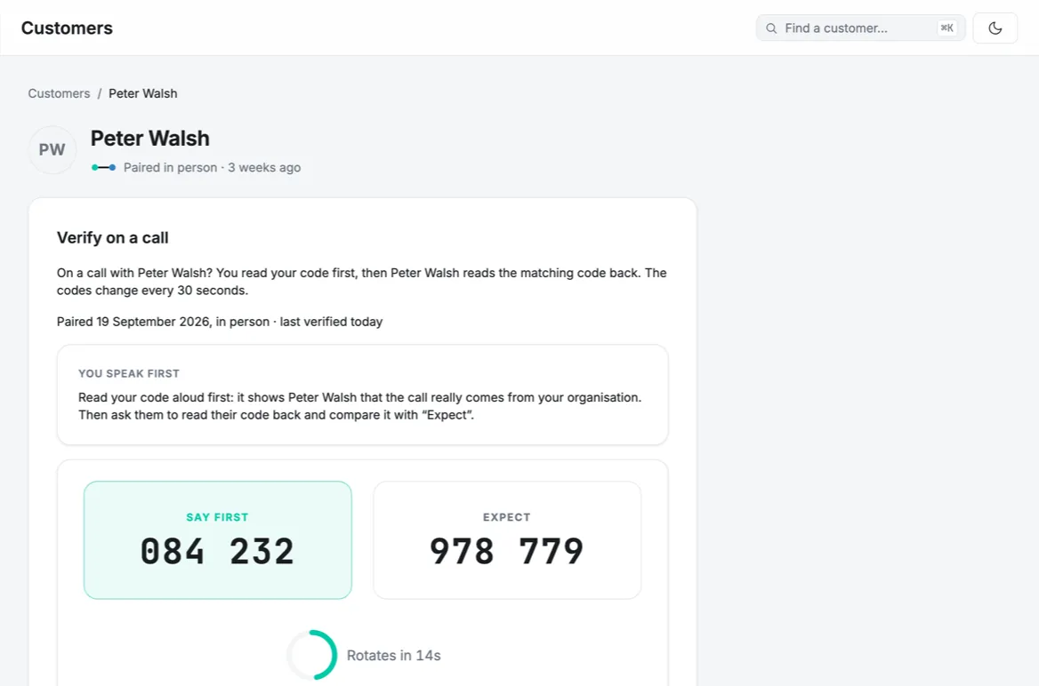 A customer’s page in the Hongi portal: verify on a call, say first 084 232, expect 978 779.