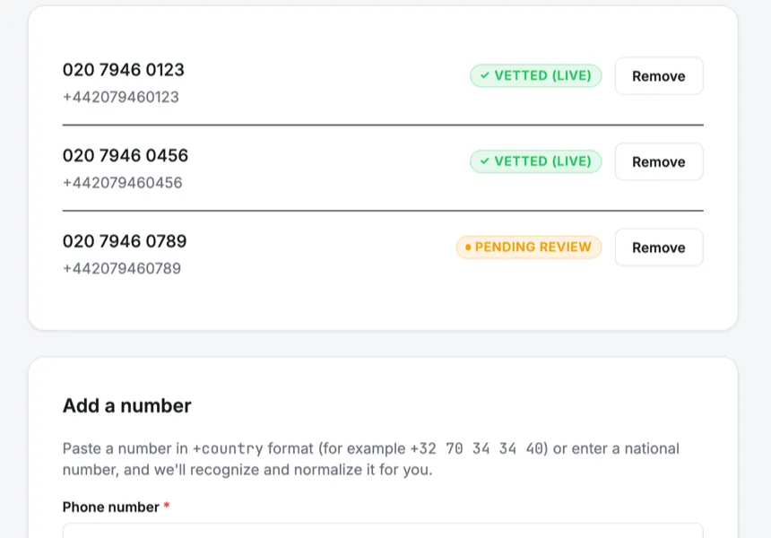 The Phone numbers page in the Hongi portal: official outbound numbers, each marked as vetted and live or in review.